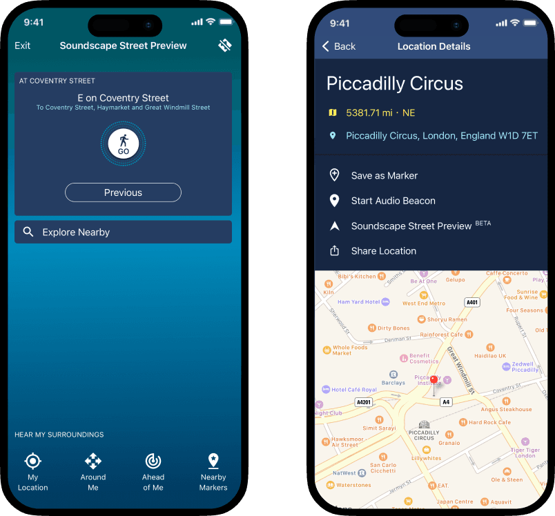 Image of two iphone screens displaying Soundscape Community. The first screen on the left displays the soundscape street preview screen while the second is displaying a location screen with a map and task options