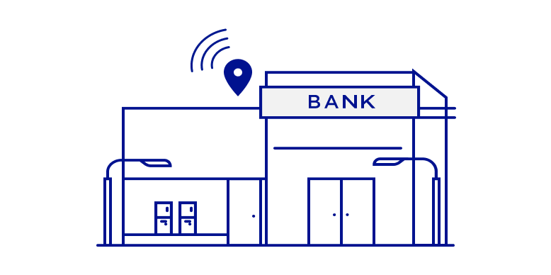 Illustration of a bank with a location icon and sound waves coming from it