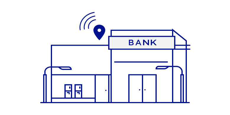 Illustration of a bank with a location icon and sound waves coming from it