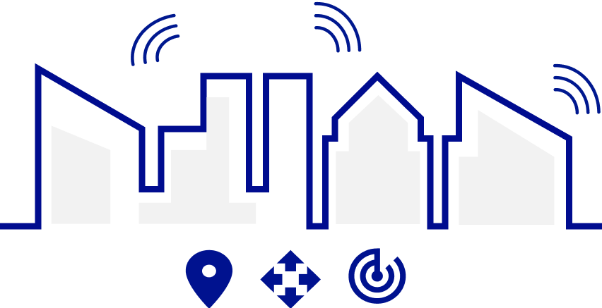 Illustration of a city with audio waves coming outof the sky line. Under the city is three icons, a location icon, direction icon and geolocation icon