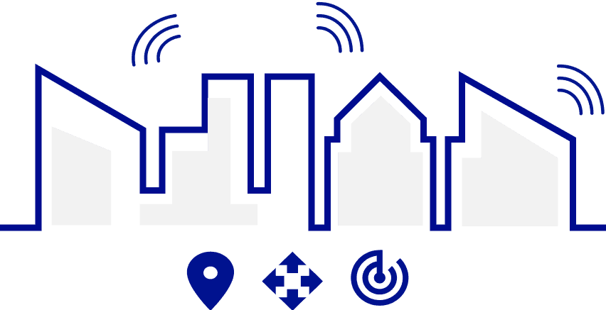 Illustration of a city with audio waves coming outof the sky line. Under the city is three icons, a location icon, direction icon and geolocation icon