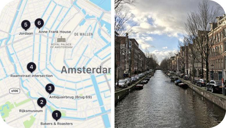Picture on the left is a map of Amsterdam with 6 points each with numbers one through six in them. The Right has a picture of a river in the city with buildings on both sides.
