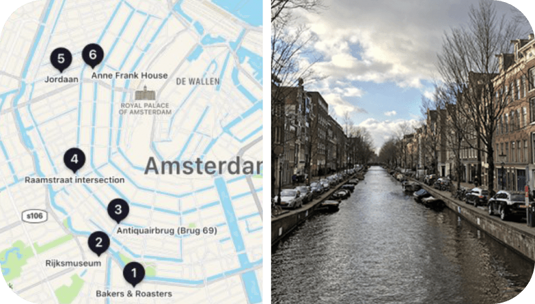 Picture on the left is a map of Amsterdam with 6 points each with numbers one through six in them. The Right has a picture of a river in the city with buildings on both sides.