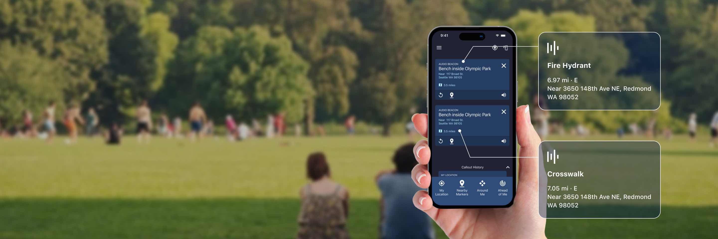 Picture of a hand holding up a phone running Soundscape Community with panels illustrating what is being called out. In the background there are people in a park.