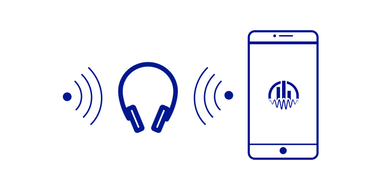 Illustration of a phone, headphones, and soundwaves