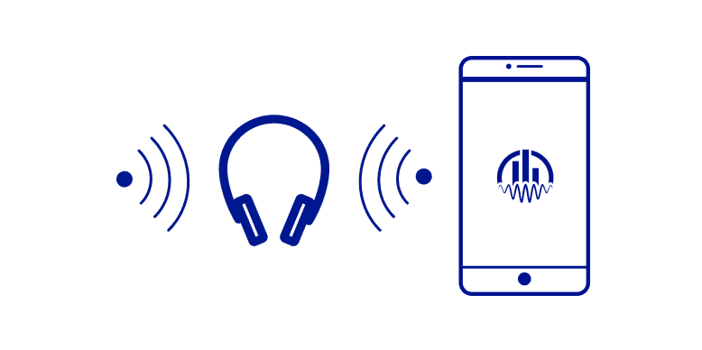 Illustration of a phone, headphones, and soundwaves