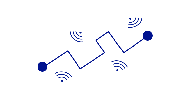 Line illustration of an irregular path with soundwaves at various points
