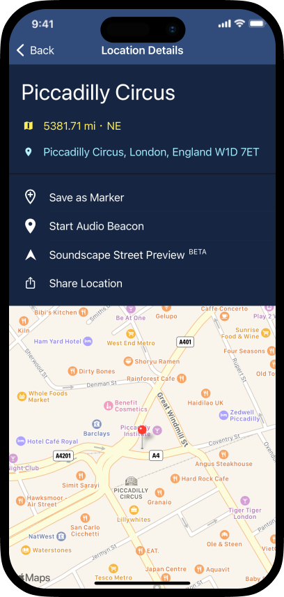 Image of Soundscape Community running on an iphone displaying a location screen with a map and task options