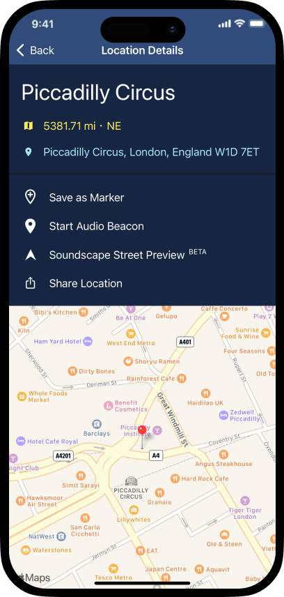 Image of Soundscape Community running on an iphone displaying a location screen with a map and task options