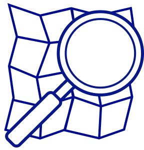 Illustration of Open Street Maps Logo, A partially folded map with a large spyglass infornt of it